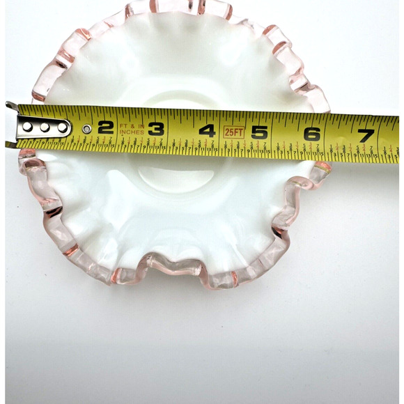 Vintage Fenton Rose Crest Milk Glass Bowl Dish Pink Ruffled Crimped Edges 6" - Picture 6 of 7